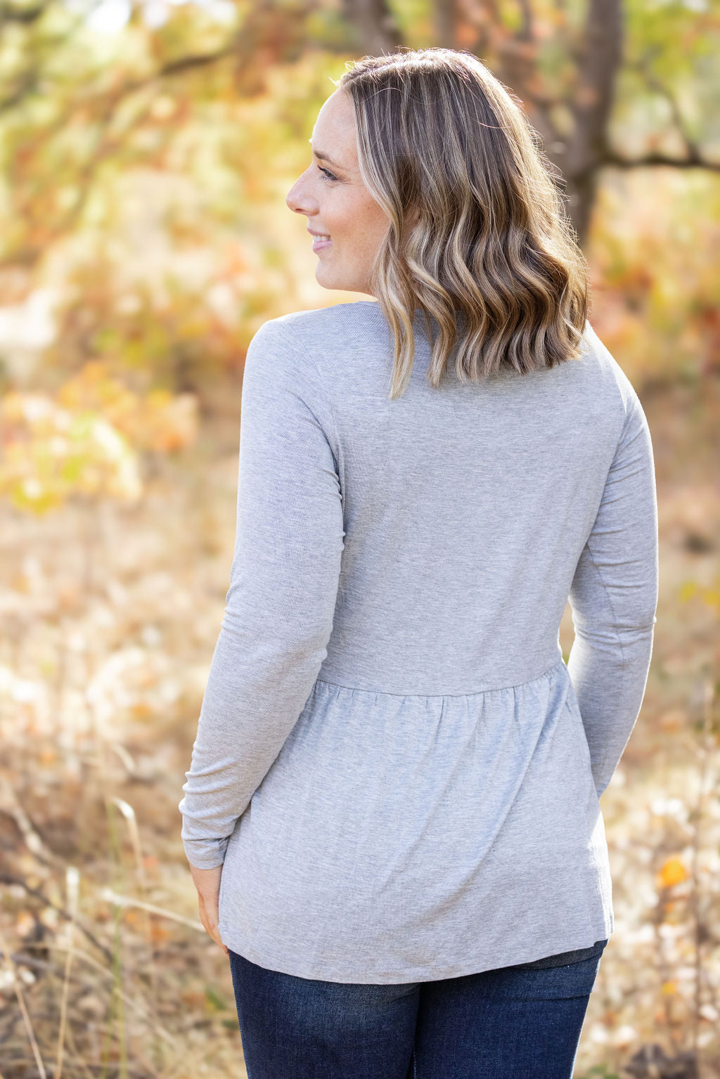 IN STOCK Long Sleeve Sarah Ruffle - Light Grey FINAL SALE