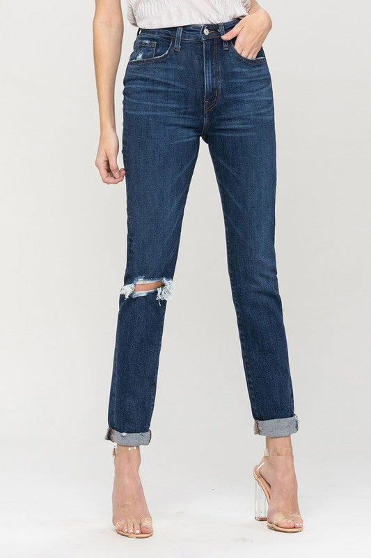 Distressed Roll Up Stretch Mom Jeans