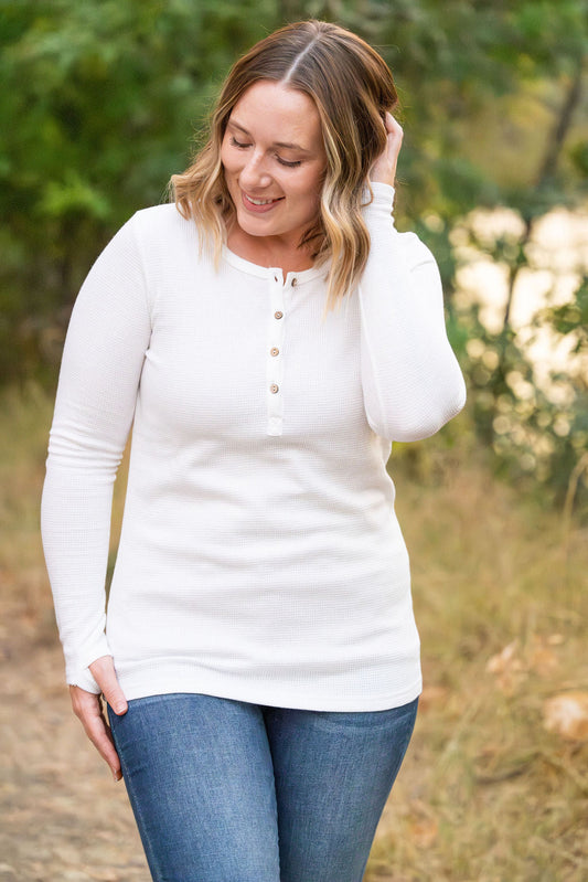 IN STOCK Harper Long Sleeve Henley - White | Women's Cozy Shirt FINAL SALE