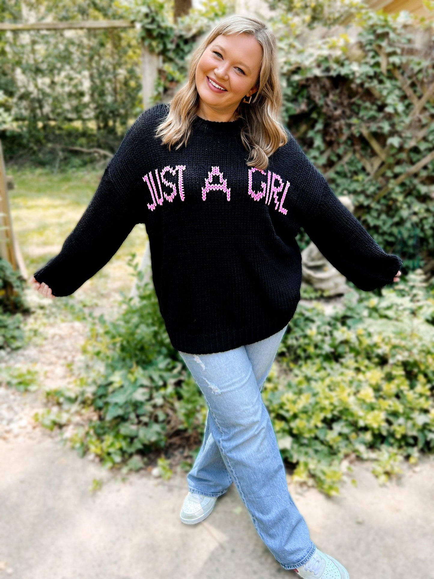 “Just a Girl” Oversized Knit Graphic Sweater