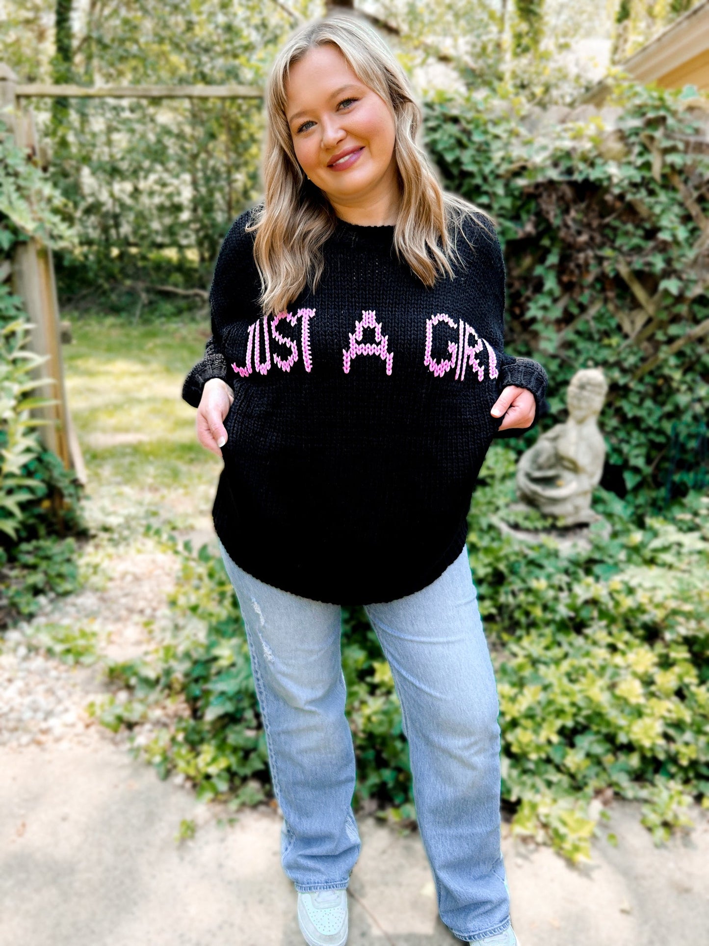 “Just a Girl” Oversized Knit Graphic Sweater