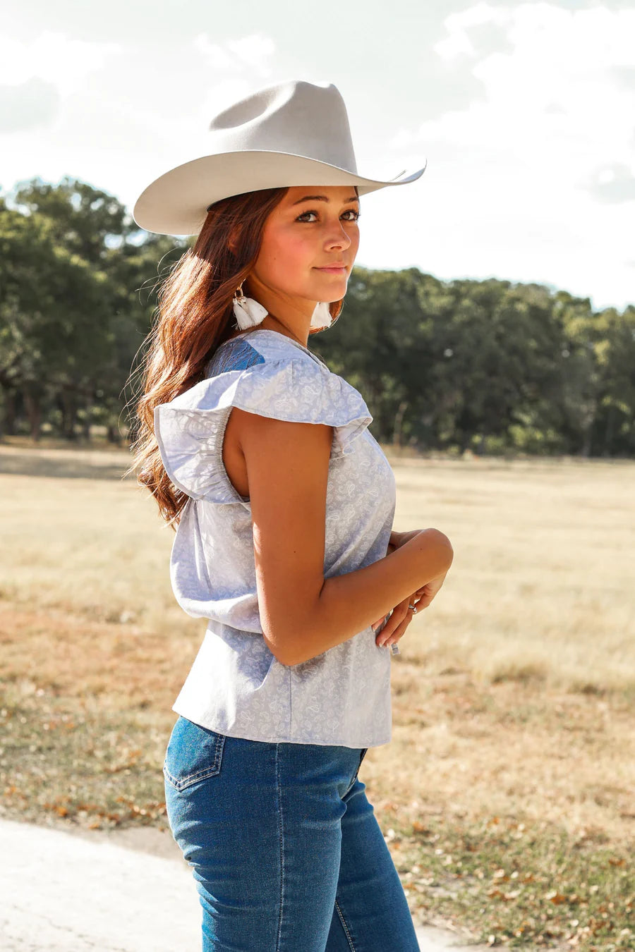 Sweet and Country Chic Ruffle Top in Blue or Beige with Lace Back