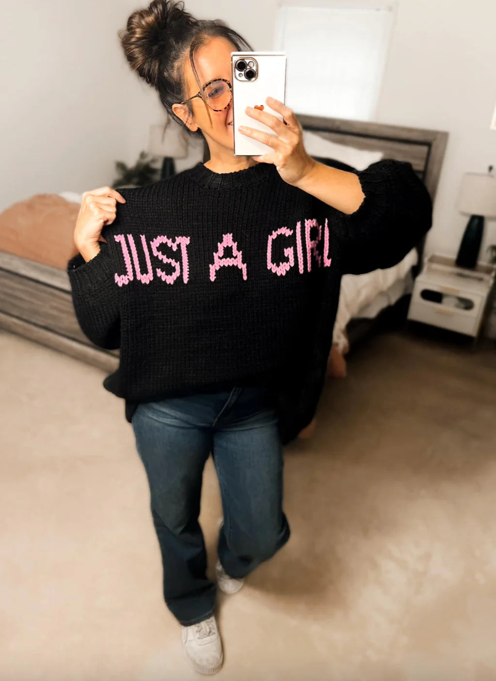 “Just a Girl” Oversized Knit Graphic Sweater